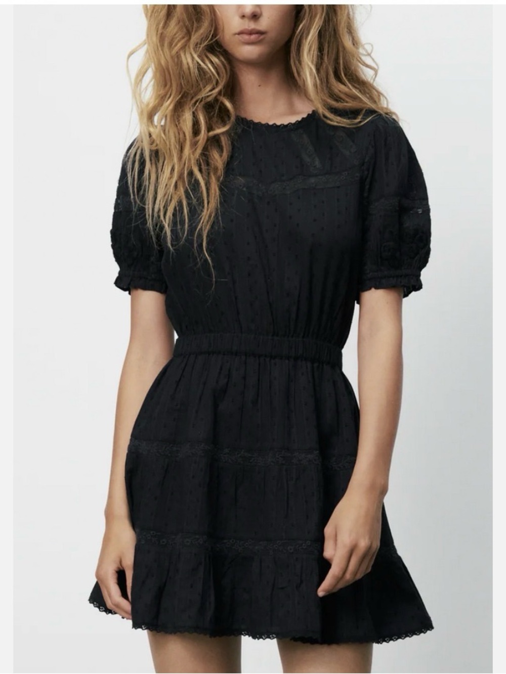 ZARA SWISS DOT DRESS WITH EMBROIDERY Black Size M